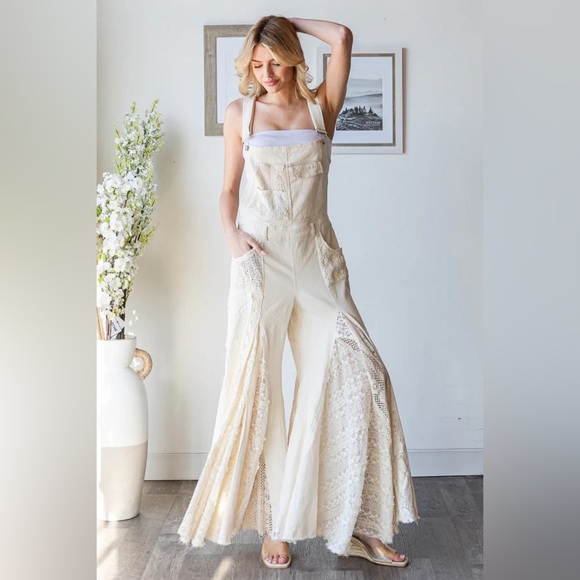 OLI & HALI MULTI LACE PATCHWORK WIDE LEG OVERALLS in cream - Picture 2 of 8